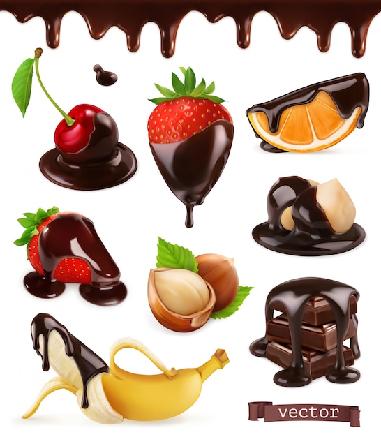 Vector fruits and berries in chocolate. cherry, strawberries, banana, orange and hazelnuts. 3d realistic vector set