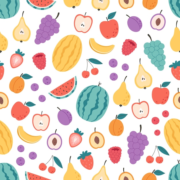 Fruits and berries seamless pattern. Flat, hand drawn texture for wallpaper, textile, fabric, paper.