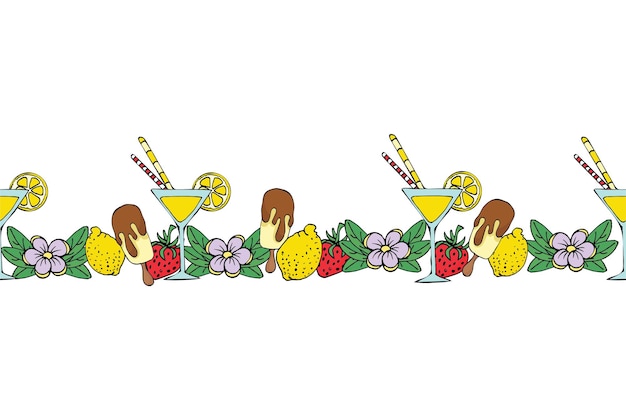 Fruits and coctail seamless summer border isolated