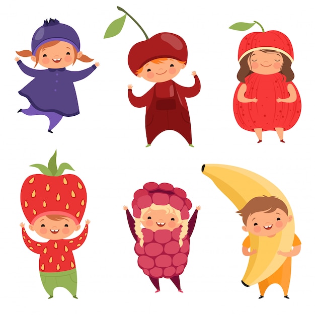 Fruits costumes. Carnival clothes for children. Funny kids in fruit fancy dresses on white