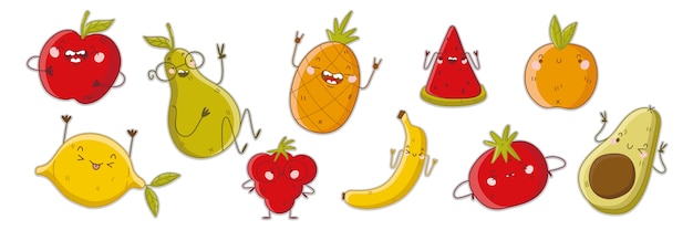 Fruits doodle set. Collection of hand drawn templates patterns of vegetarian colorful food mascots characters with happy angry comic emotions on white background. Vitamin health nutrition illustration