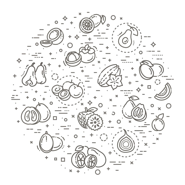 Fruits exotic fruits vegetarian minimal thin line web icon set