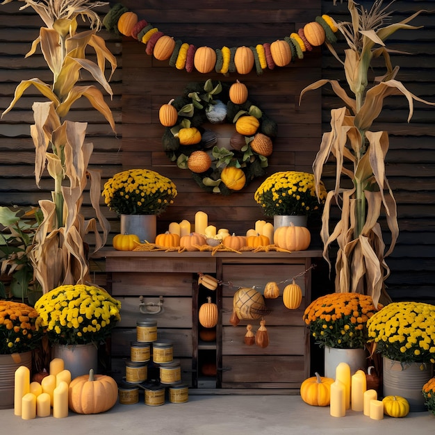 Vector fruits fastival celebration in room with pumpkin many flowers on the table