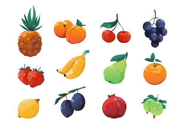 Fruits game asset Cartoon exotic organic fruits collection 2D game sprite graphic of apple apricot strawberry plum pear banana lemon grape Vector set