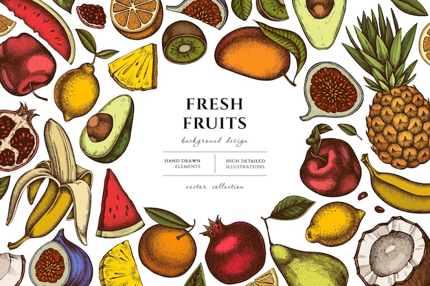 Fruits hand drawn illustration design Background with retro bananas pears kiwi etc