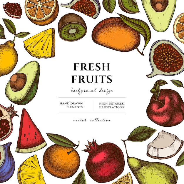 Fruits hand drawn illustration design Background with retro pears kiwi etc