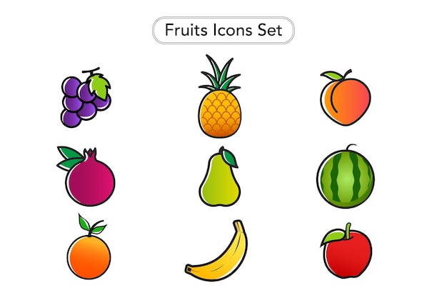 Fruits Icons Set. Fruits Clip arts Collection. Fruits Stickers Set.