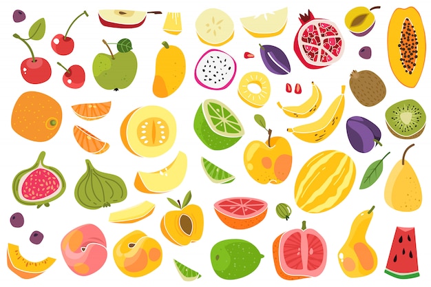 Fruits isolated. Cherry orange peach plum banana melon lime colorful fruit. Natural vegan food cartoon set