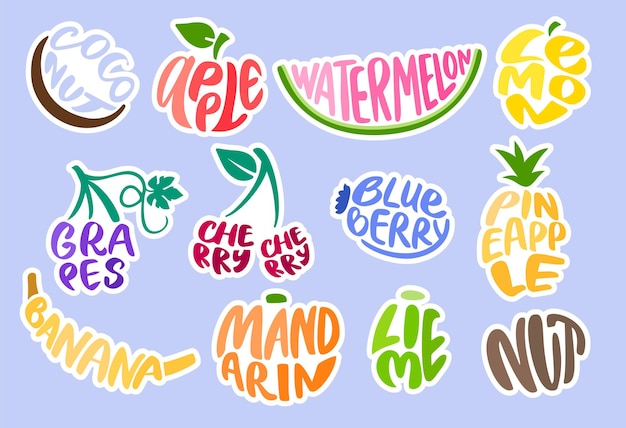 Fruits lettering Calligraphy food badges cherry and coconut typographical sign Banana word apple fruit and watermelon grocery stickers vector set