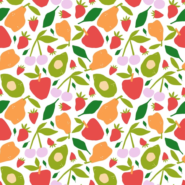 Fruits pattern designs simple and modern Colorful seamless background in collage style Vector pattern with strawberry apple avocado pear cherry and leaves For fabric paper print