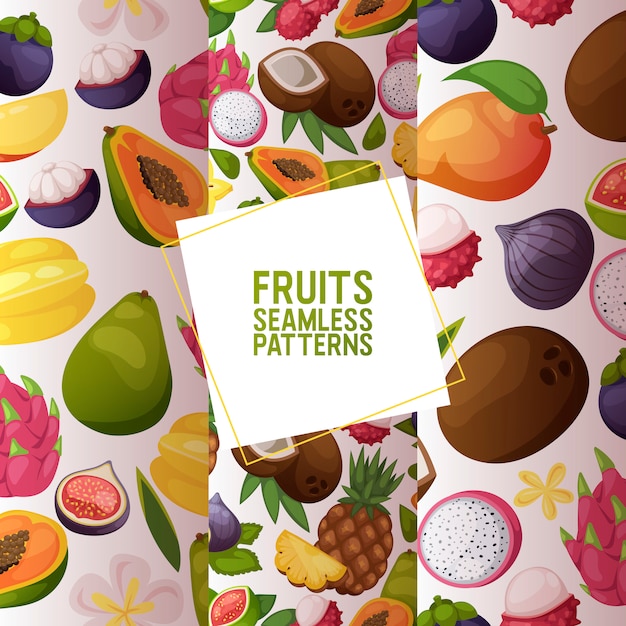 Fruits seamless pattern fruity apple banana and exotic papaya