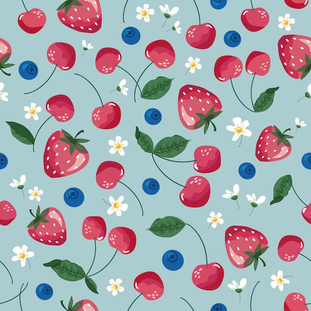 Fruits seamless pattern Strawberry cherry and blossom