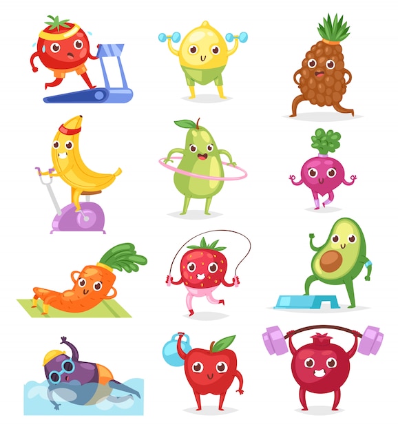 Fruits sportsman  fruity expression of sporting cartoon character workout doing fitness exercises illustration