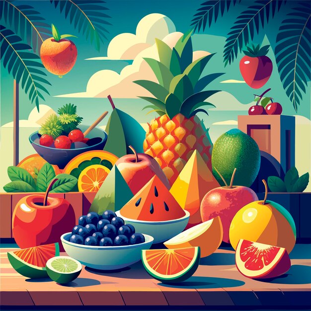 Vector fruits tropical scene boat palm vector watermelon