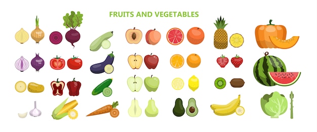 Fruits and vegetables set on white