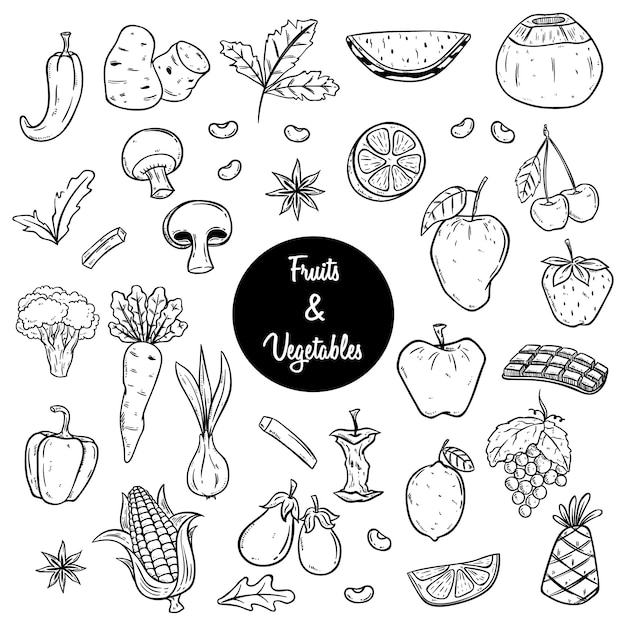 Fruits and vegetables sketch or hand drawn style illustration