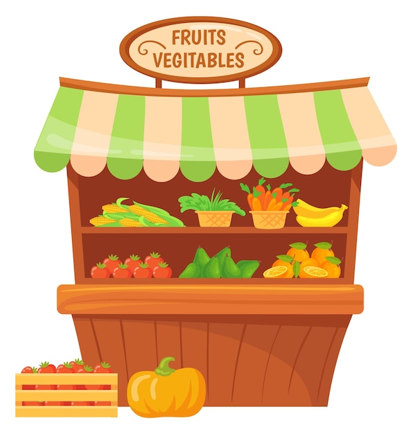 Vector fruits and vegetables stall fresh food market counter