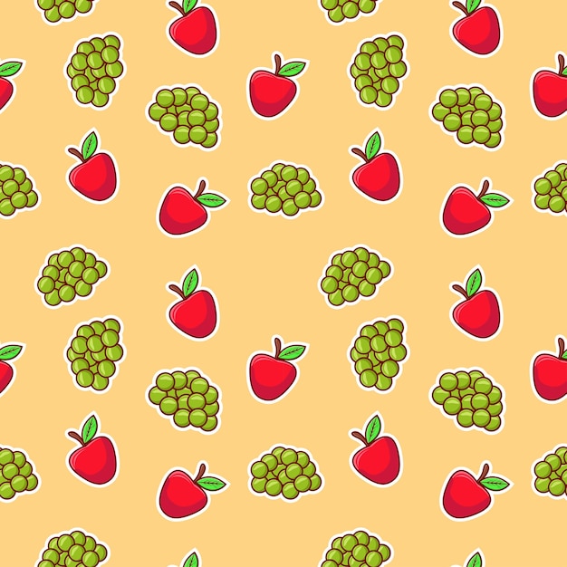 Fruity collage with apple and grapes pattern seamless