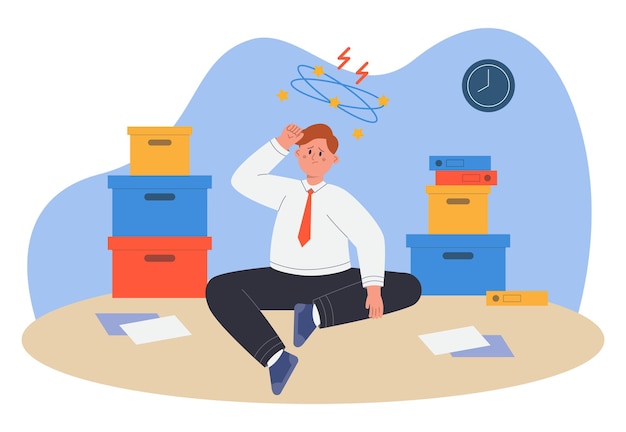 Frustrated business person sorting out paperwork. Tired office worker sitting on floor, stacks of folders and boxes with files and documents flat vector illustration. Bureaucracy, fatigue concept