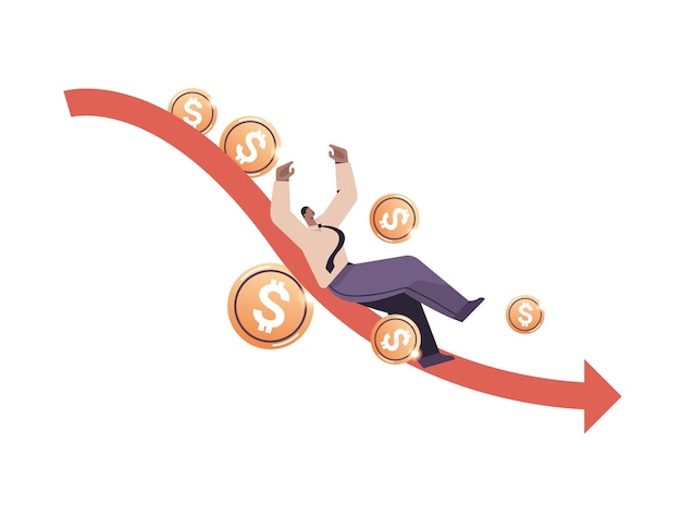 frustrated businessman with dollar coins falling on downward arrow devaluation financial crisis bankruptcy concept horizontal full length vector illustration