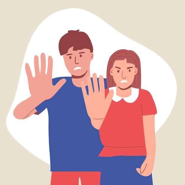 Frustrated male and female couple reaching forward Gesture of a stop Human emotions