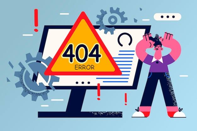 Frustrated male have error 404 on computer screen distressed with device malfunction or breakdown. Confused man stressed shocked with operational mistake on PC. Vector illustration.