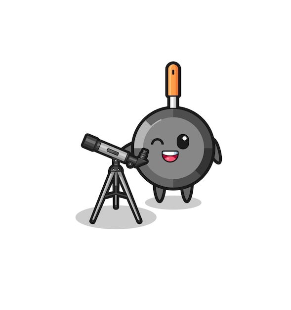 Frying pan astronomer mascot with a modern telescope , cute design