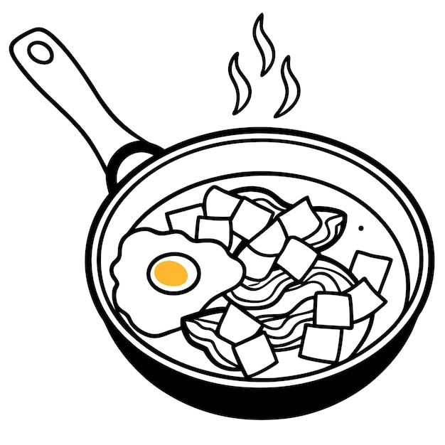 A frying pan filled with sizzling eggs crispy bacon and diced potatoes cooking over a stovetop