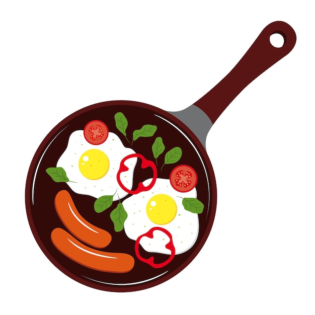 Frying pan with breakfast Food in a pan Eggs peppers sausages tomatoes and spinach in a pan