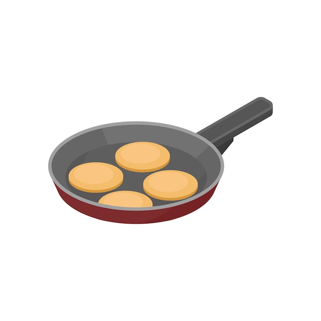 Frying pan with pancakes Tasty snack for breakfast Morning eating Cooking theme Graphic element for recipe book Colorful isometric illustration Flat vector icon isolated on white background