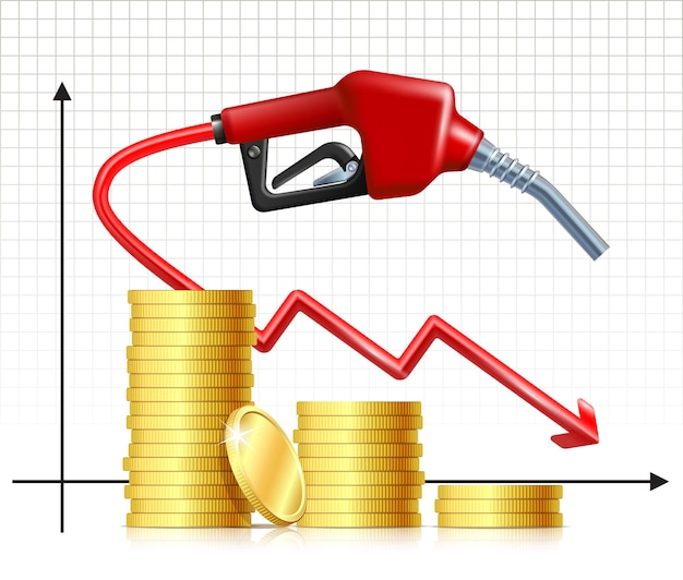 Fuel handle pump nozzle with hose like price falling graph and stack of gold coins Price Falling