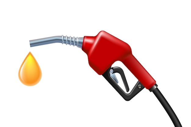 Fuel handle pump nozzle with hose. Yellow Drop of petrol dropping from Gas Gun with fuel. Vector Illustration isolated on white background. Power and energy concept.