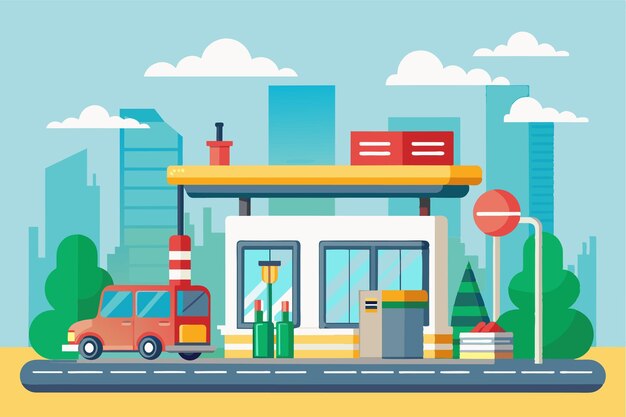 Vector a fuel station with a car at the pump surrounded by an urban landscape and clear skies fuel station customizable flat illustration