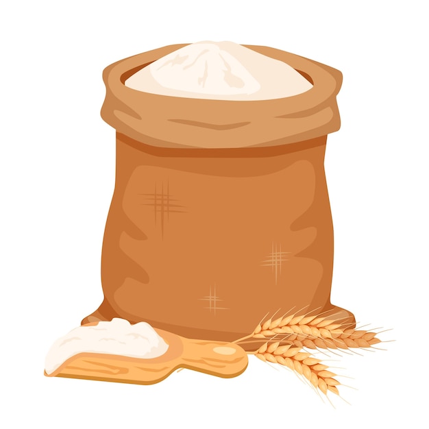 Full bag of flour, shovel and ears of wheat. Vector illustration.