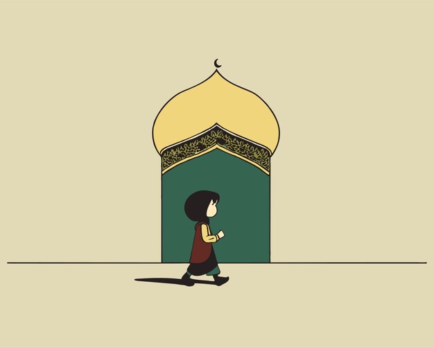 full body cartoon a child walking to the mosque hand drawn simple color vector illustration