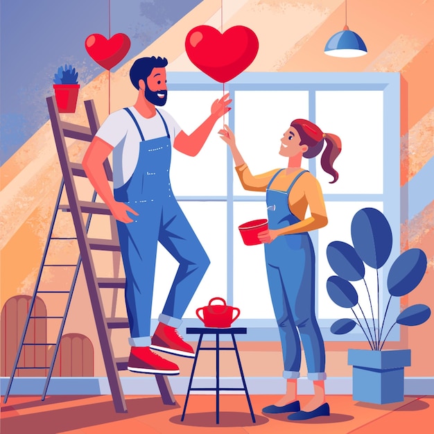 Vector full body cartoon cute couple decorate a new room together in valentine day hand drawn engraving