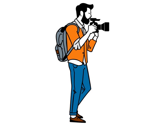 Vector full body illustration of a photographer cartoon style hand drawn engraving simple color