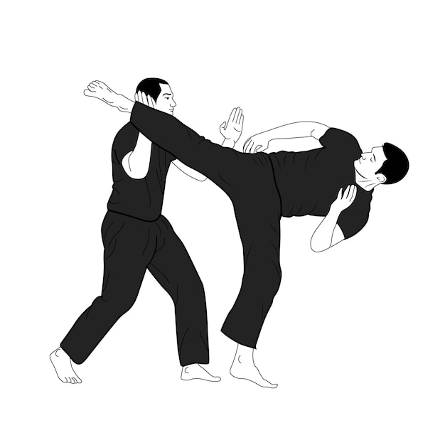 Full body shot of a men with black belt and kimono practicing karate line art drawing