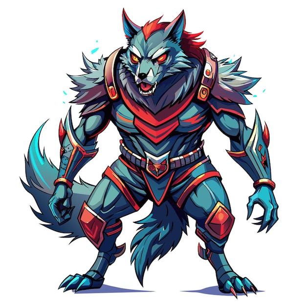 a full body silhouette of a wolf wearing armor and holding a sword standing in a battle stance