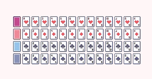 Full deck of poker cards pixel art set. Classic playing cards collection. 8 bit sprite.