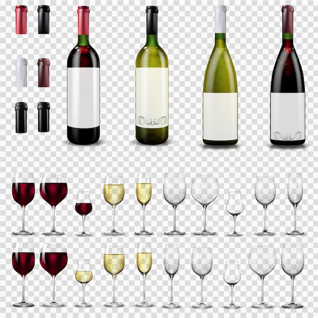 Full and empty wine glasses Red and white wine bottles Caps and sleeves closing the stopper bottle  Collection of realistic mockups Vector illustration