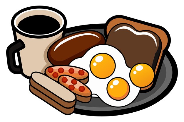 Vector full fry up english breakfast with fried eggs toasts and tea on white background