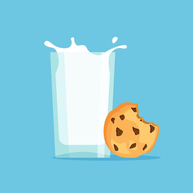 Full glass of milk with traditional chip cookies with chocolate. Vector illustration isolated.