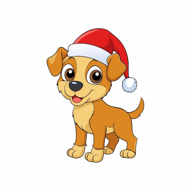 a full image of a funny christmas baby dog with santa claus hat clipart in white background