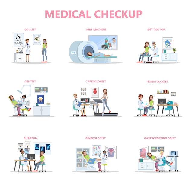 Full medical checkup set with female patient and doctors. Idea of healthcare. Ophthalmologist and dentist, surgeon and MRI. Isolated vector flat illustration