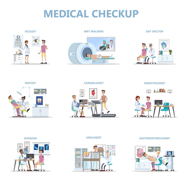 Full medical checkup set with patient and doctors.