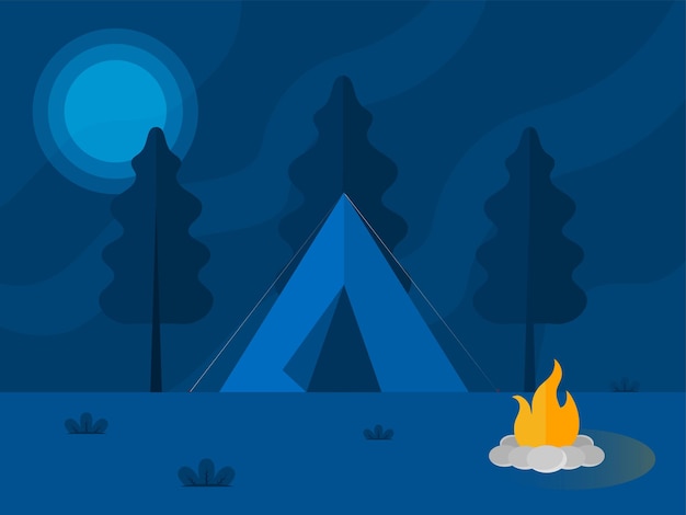 Full Moon Blue Nature Background With Camping Tent And Bonfire Illustration