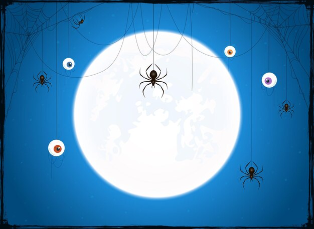 Vector full moon on blue sky background banner with scary eyes and black spiders on cobwebs illustration can be used for holiday cards backdrops children's design invitations and banners