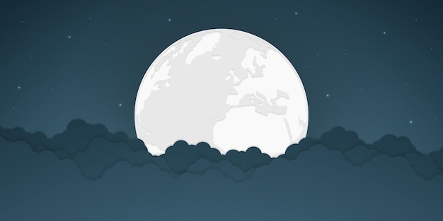 Vector full moon and bright stars with cloud, vector illustration.