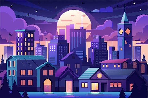 Vector the full moon casts a radiant light over the lively city scene highlighting modern and traditional architecture full moon city